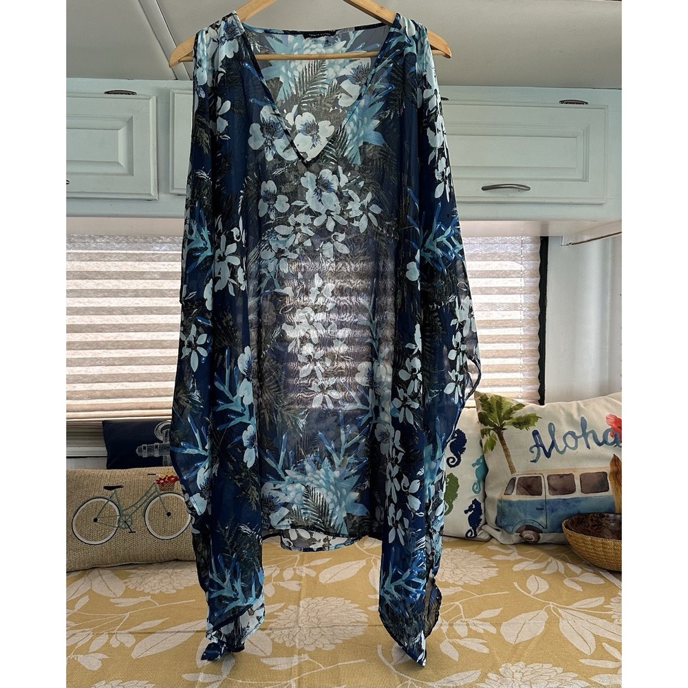 Tommy Hilfiger Chiffon Kaftan Swim Cover-Up OSFA Beaded Ties Sheer Flowy Summer